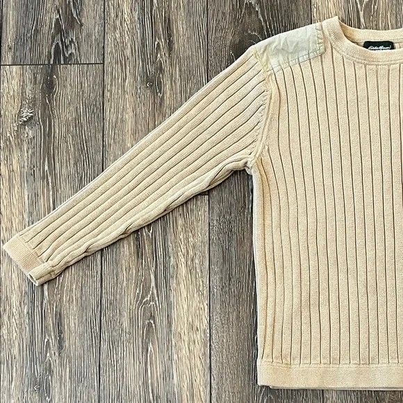 Eddie Bauer Ribbed Cable Knit Crewneck Beige Sweater Mens Size Small - Picture 3 of 13